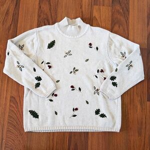 Vintage Embroidered Cream Fall Mockneck Sweater